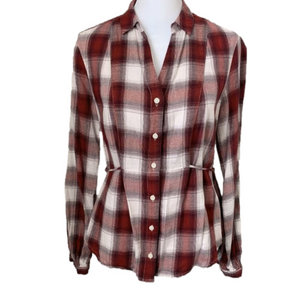 Levi Long sleeve shirt w collard V-neck, Red n White patten, tie Back, Size Med